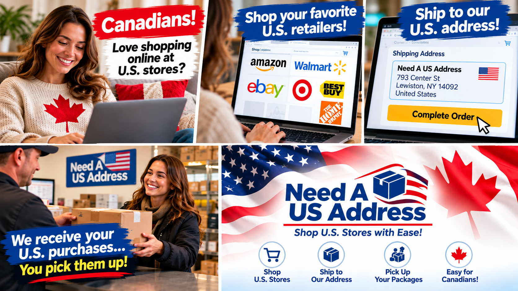 Need A US Address: a Canadian shopper orders from U.S. retailers, ships to 793 Center St, Lewiston, NY 14092, and picks up her packages in store.